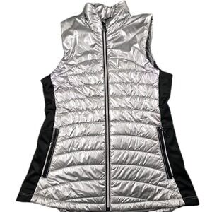 My Anorak Women's Small Metallic Puffy Vest Y3K Futuristic‎ Silver Full Zip